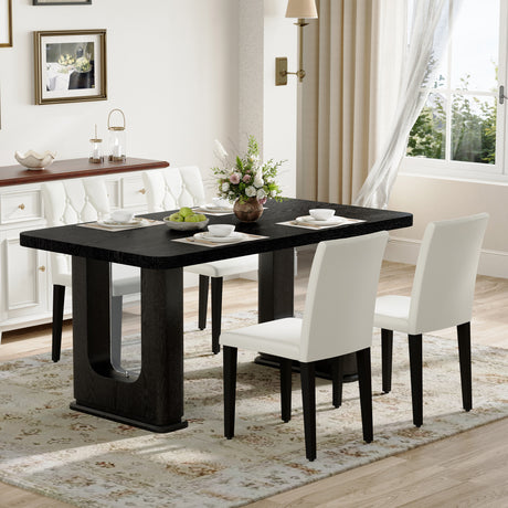 Table and chair set.64.5 x 35.4 Inch Stylish Black Wood Color Textured Dining Table.4-pack white PU dining chairs: ergonomic buckle backrest.Exudes A Strong Sense Of Fashion. - sold by Home Elegance USA