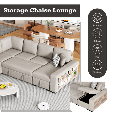 Beige Chenille U-Shaped Sectional Sofa with Pull-out Bed, USB Ports, Storage Chaise & Back Pillows - sold by Home Elegance USA