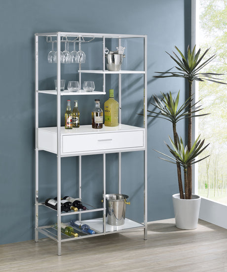 Wine Cabinet - Figueroa 5-shelf Wine Cabinet with Storage Drawer White High Gloss and Chrome