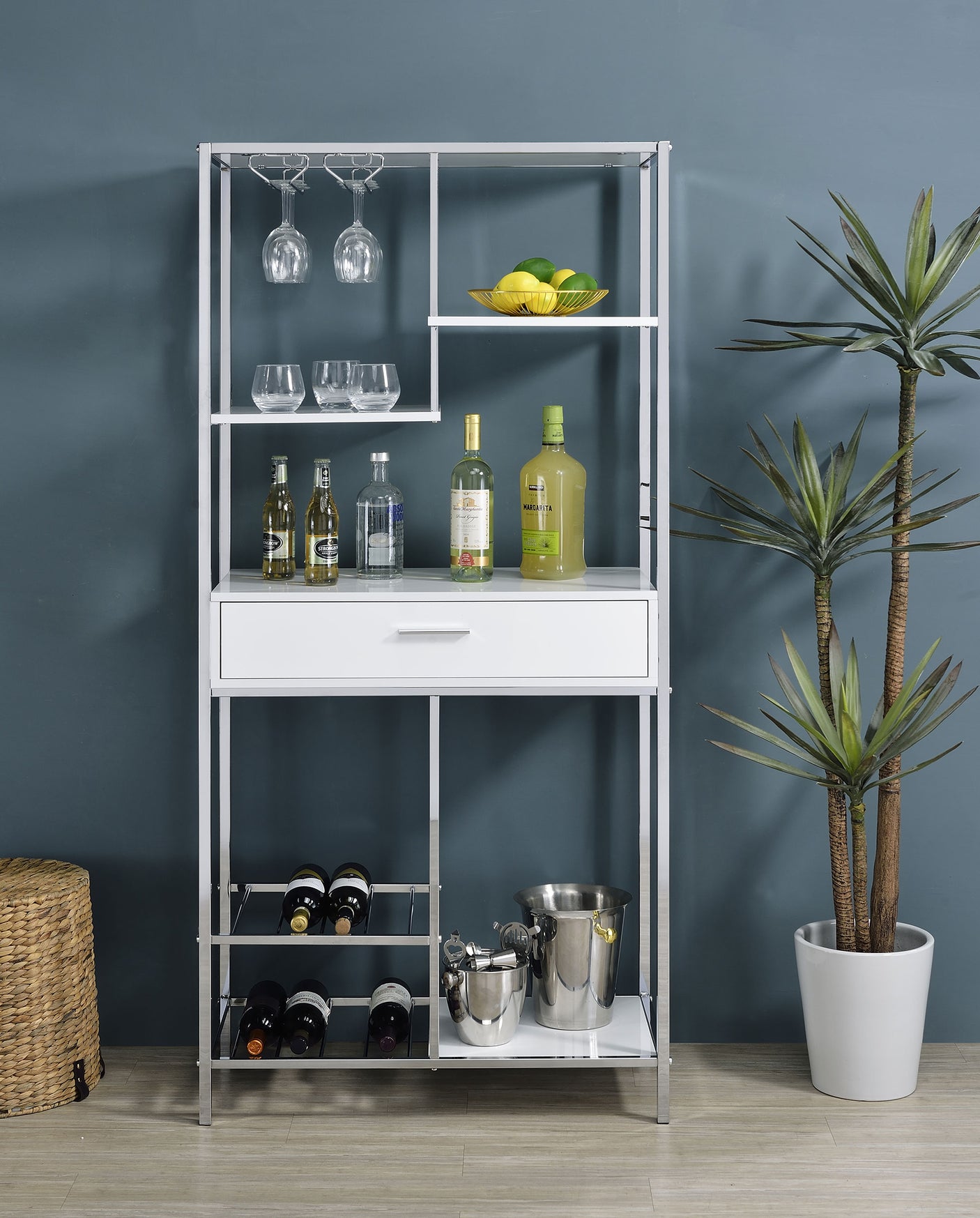 Wine Cabinet - Figueroa 5-shelf Wine Cabinet with Storage Drawer White High Gloss and Chrome