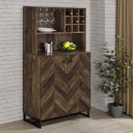 Bar Cabinet - Mendoza 2-door Wine Cabinet Rustic Oak Herringbone and Gunmetal