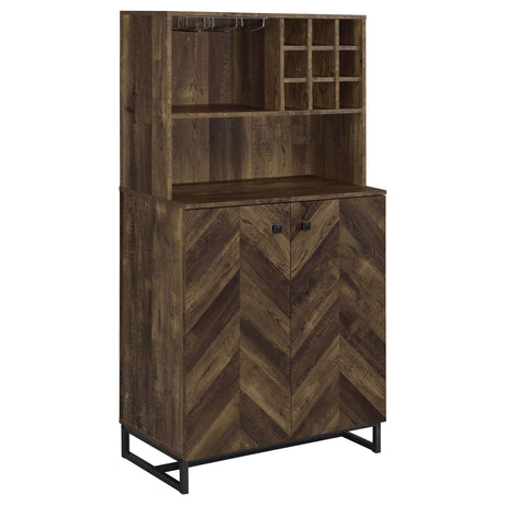Bar Cabinet - Mendoza 2-door Wine Cabinet Rustic Oak Herringbone and Gunmetal