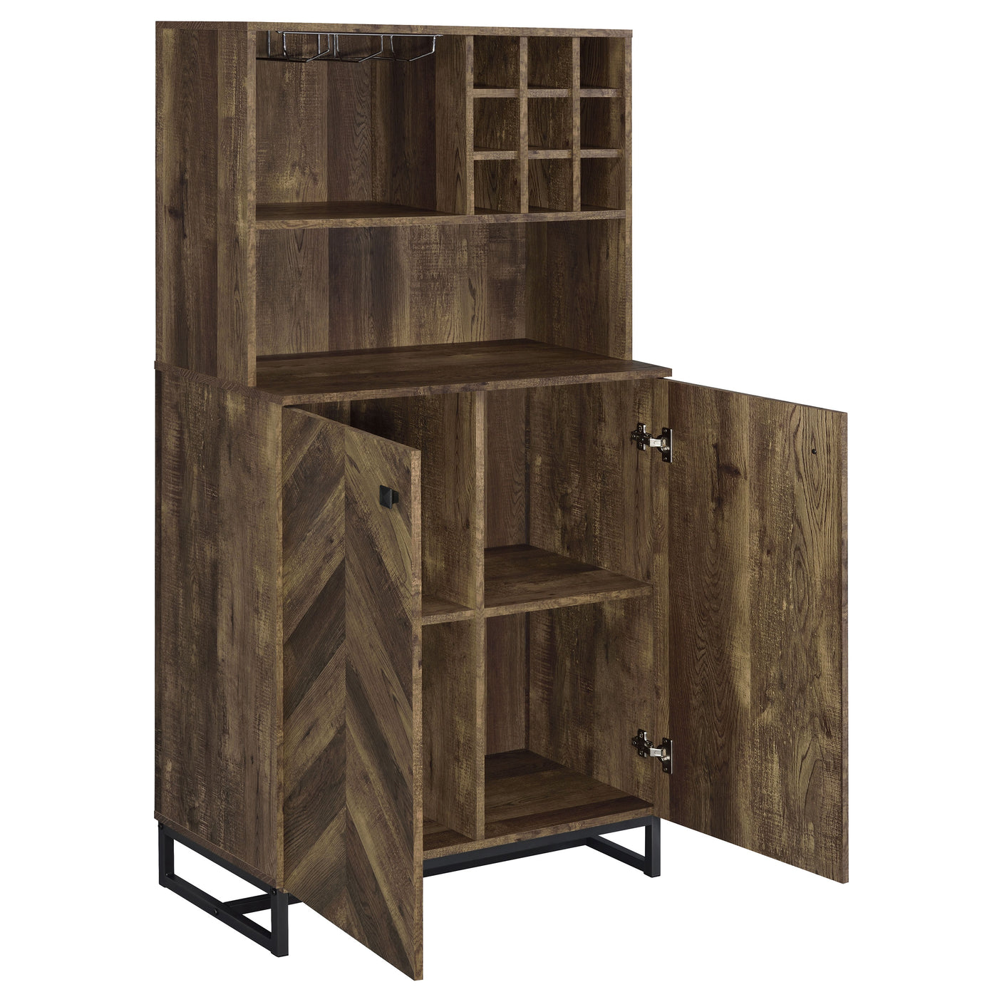 Bar Cabinet - Mendoza 2-door Wine Cabinet Rustic Oak Herringbone and Gunmetal