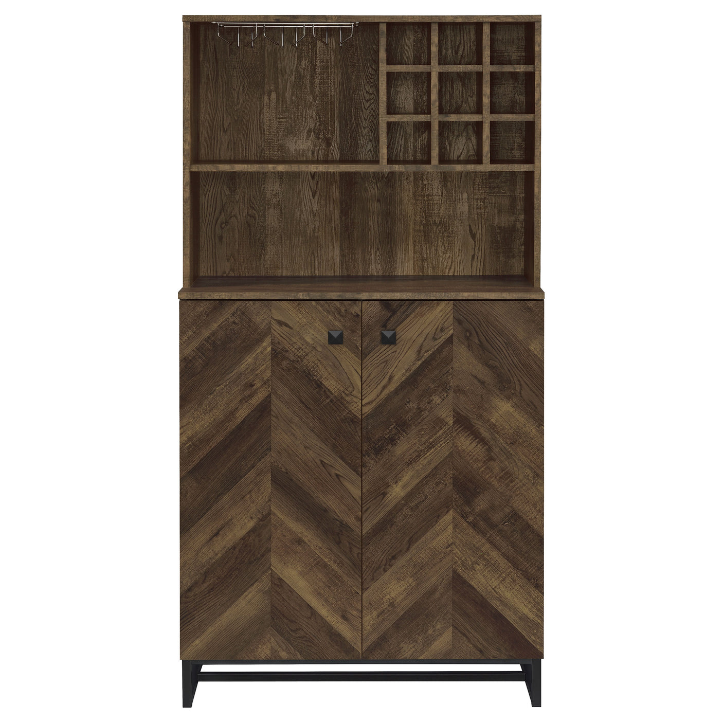 Bar Cabinet - Mendoza 2-door Wine Cabinet Rustic Oak Herringbone and Gunmetal