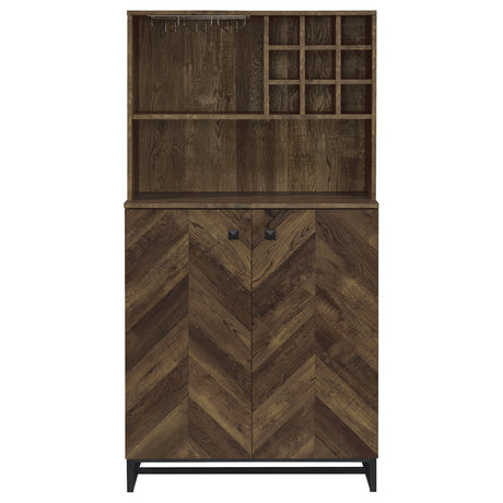 Bar Cabinet - Mendoza 2-door Wine Cabinet Rustic Oak Herringbone and Gunmetal