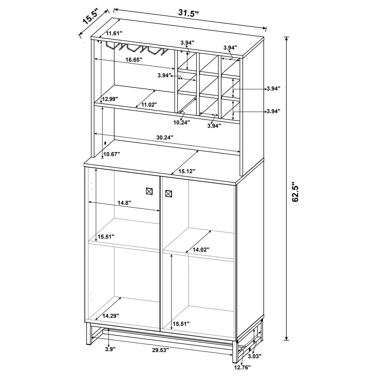 Bar Cabinet - Mendoza 2-door Wine Cabinet Rustic Oak Herringbone and Gunmetal