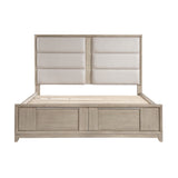 Beige wooden bed with upholstered headboard on a white background