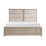 Wooden bed frame with upholstered headboard on a white background
