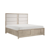 Beige bed frame with white mattress on a white background