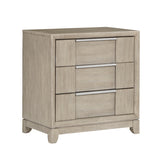 Beige dresser with three drawers on a white background