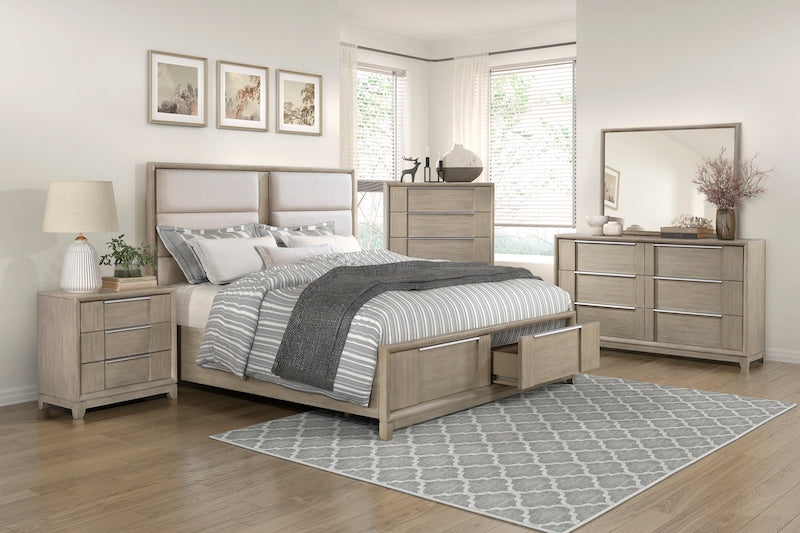 Beige bedroom set with bed, nightstands, dresser, and mirror in a well-lit room.