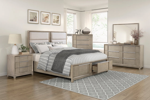 Beige bedroom set with bed, nightstands, dresser, and mirror in a well-lit room.