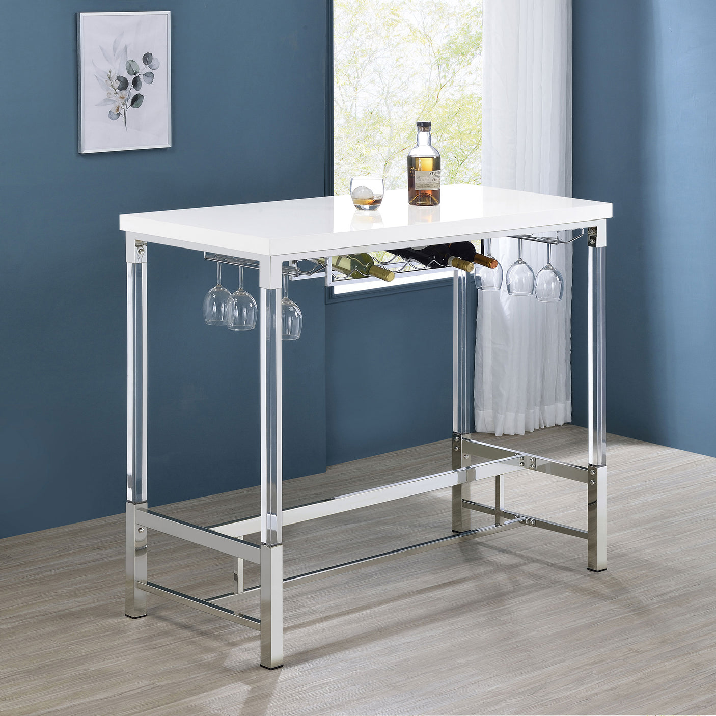 Bar Table - Norcrest Pub Height Bar Table with Acrylic Legs and Wine Storage White High Gloss