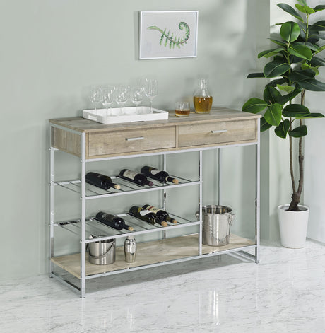 Bar Cabinet - Melrose 2-shelf Wine Cabinet with 2 Drawers Gray Washed Oak and Chrome