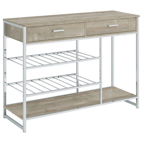 Bar Cabinet - Melrose 2-shelf Wine Cabinet with 2 Drawers Gray Washed Oak and Chrome