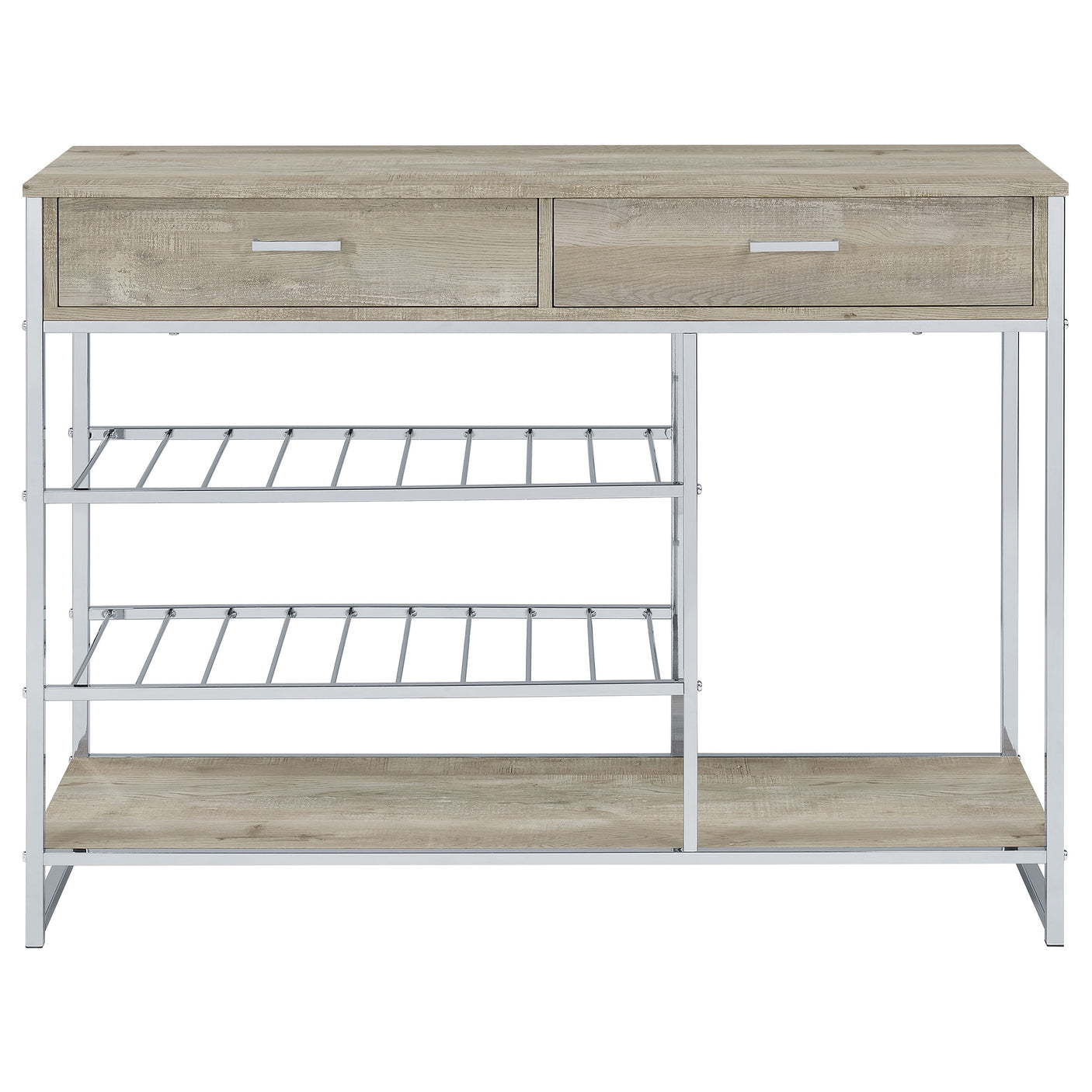 Bar Cabinet - Melrose 2-shelf Wine Cabinet with 2 Drawers Gray Washed Oak and Chrome