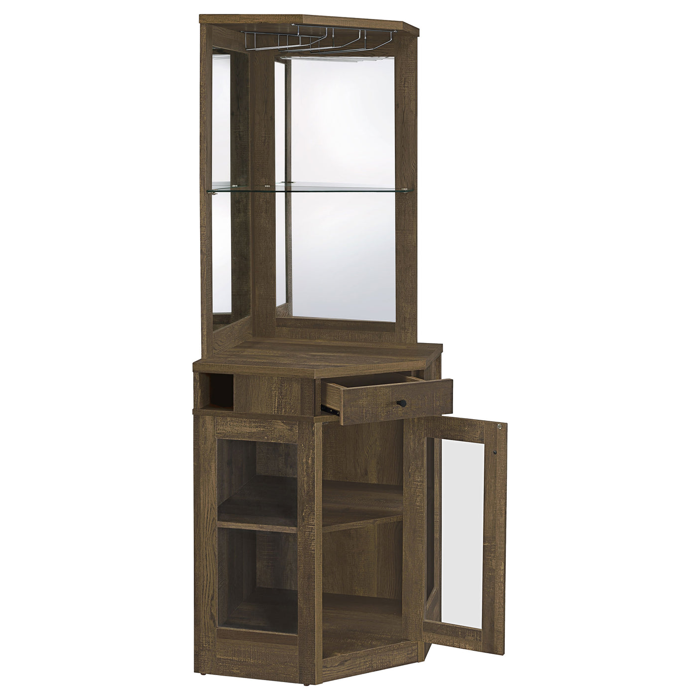 Corner Bar Cabinet - Alviso Corner Bar Cabinet with Stemware Rack Rustic Oak