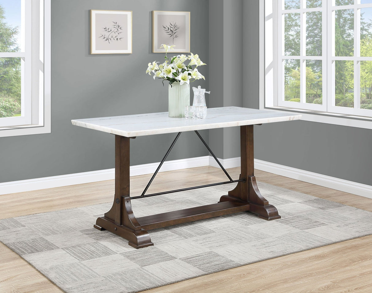 Counter Ht Dining Table - Aldrich Counter Height Trestle Base Dining Table with Genuine White Marble Top and Dark Brown | Coaster | Home Elegance USA