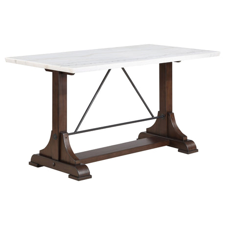 Counter Ht Dining Table - Aldrich Counter Height Trestle Base Dining Table with Genuine White Marble Top and Dark Brown | Coaster | Home Elegance USA