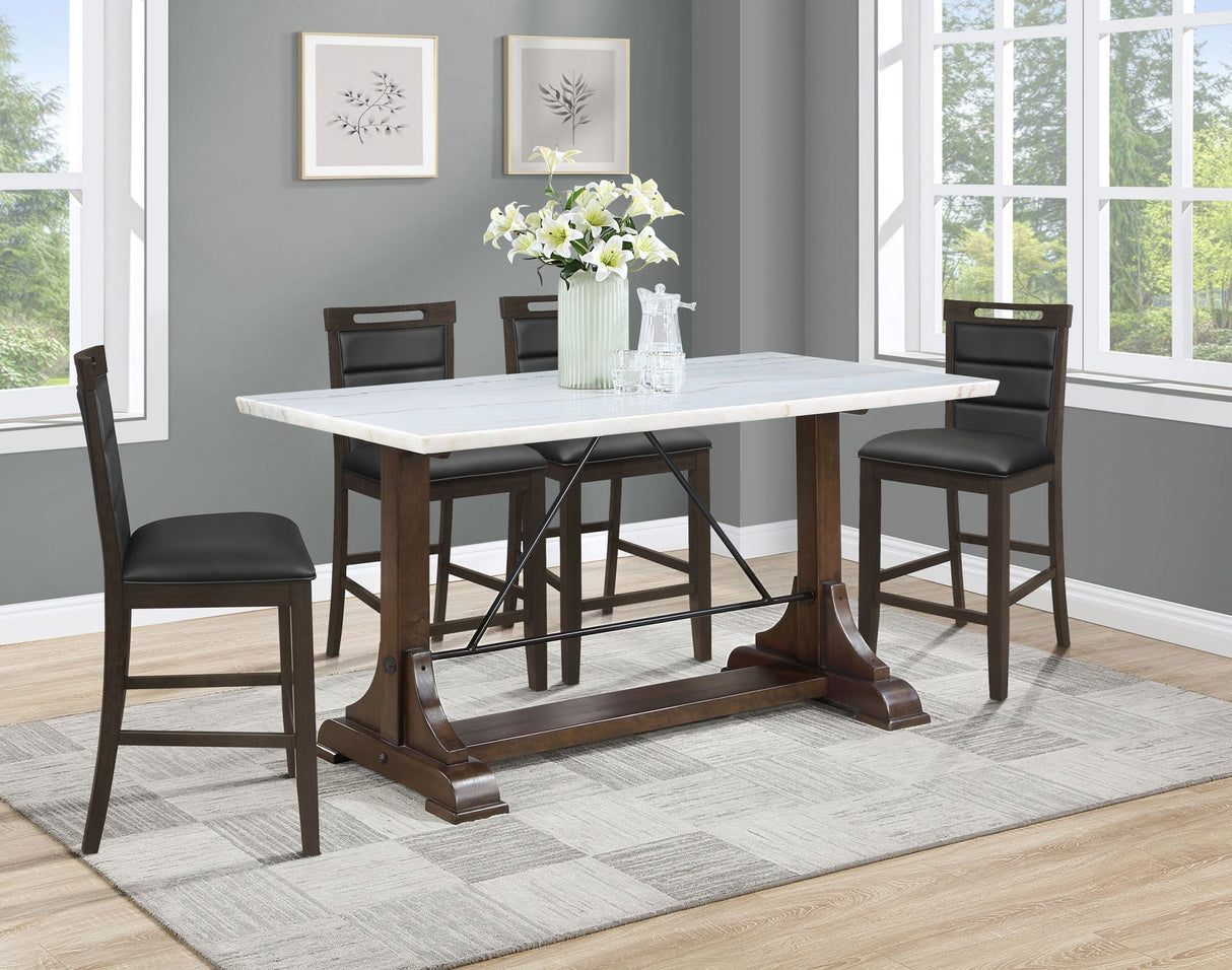 Counter Ht Dining Table - Aldrich Counter Height Trestle Base Dining Table with Genuine White Marble Top and Dark Brown | Coaster | Home Elegance USA