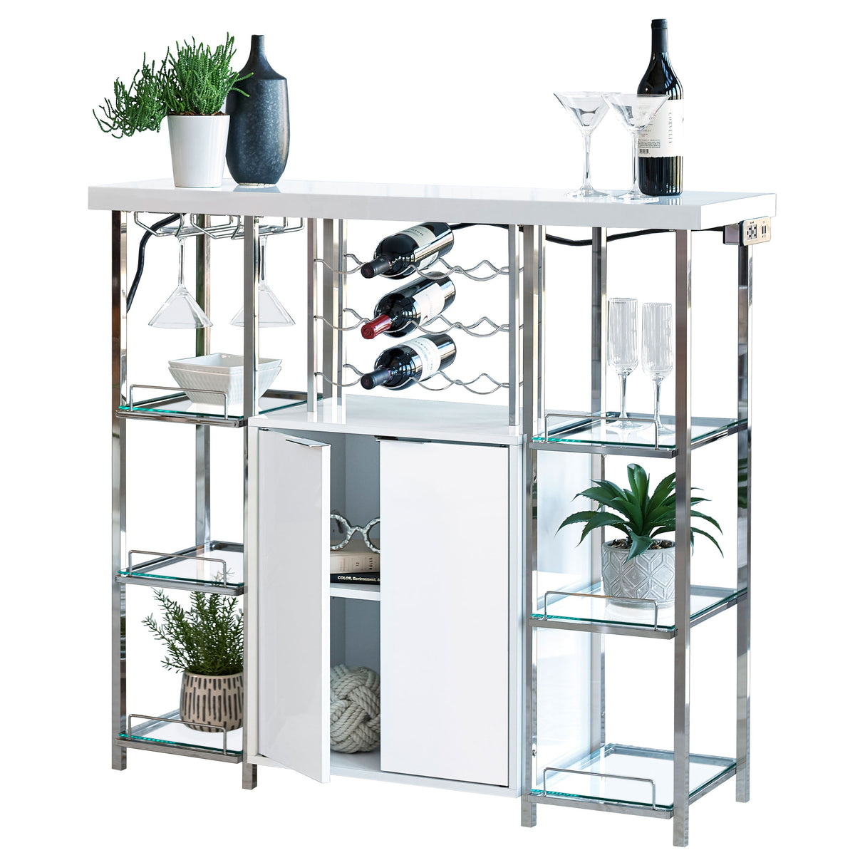 Bar Cabinet - Gallimore 2-door Bar Cabinet with Glass Shelf High Glossy White and Chrome