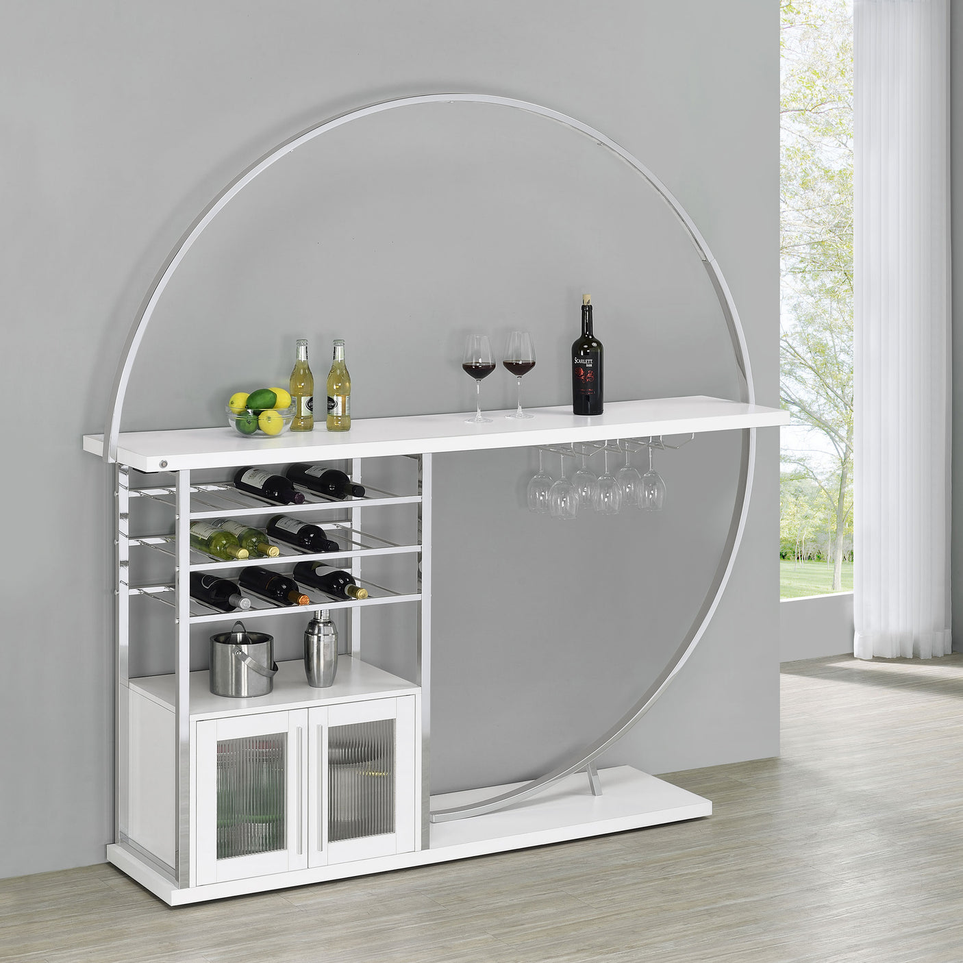 Home Bar - Risley 2-door Circular LED Home Bar with Wine Storage White High Gloss