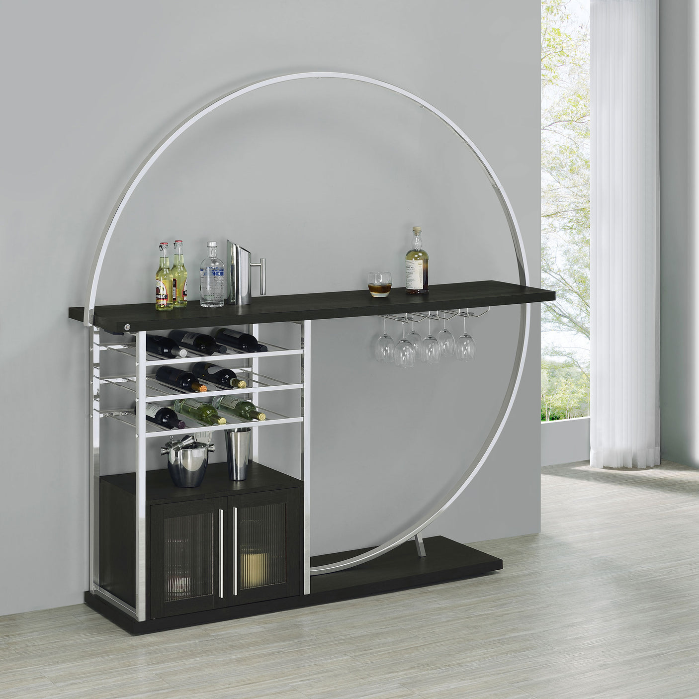 Home Bar - Risley 2-door Circular LED Home Bar with Wine Storage Dark Charcoal