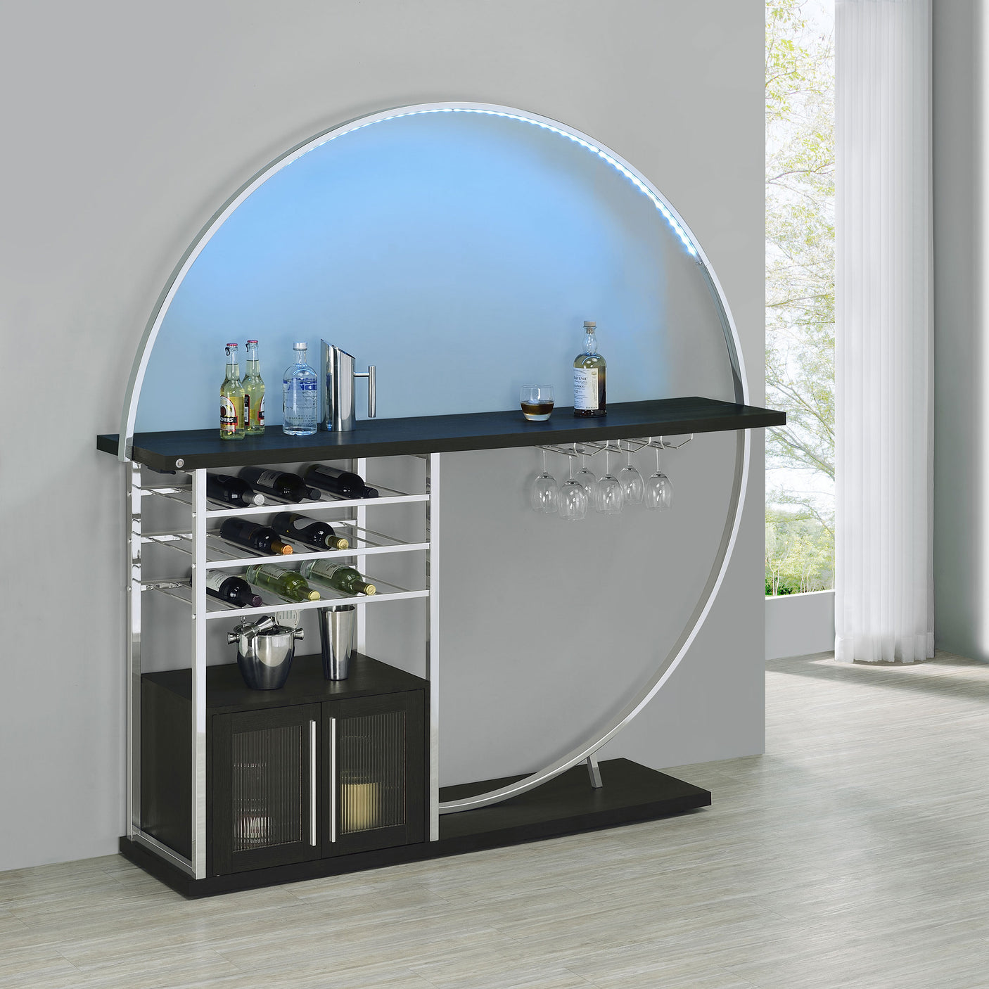 Home Bar - Risley 2-door Circular LED Home Bar with Wine Storage Dark Charcoal