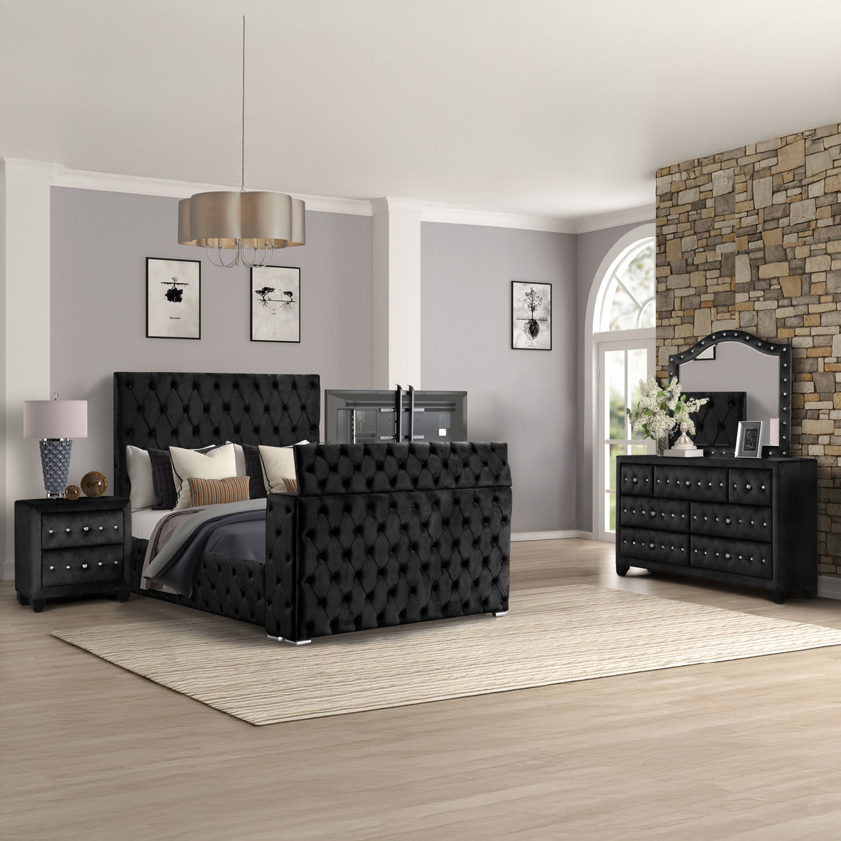 Encore Modern Style Tufted and Upholstered King 4PC Bedroom set made with wood in Black(NJ Inventory)