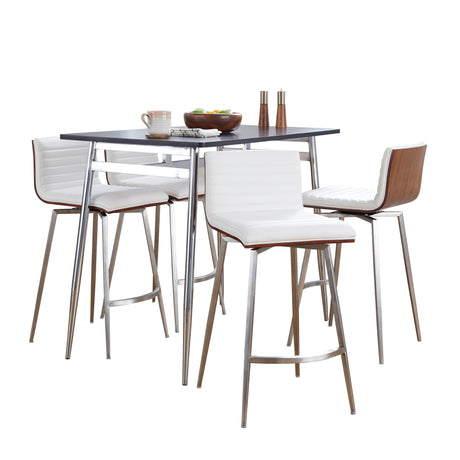 Marcel-Mason Swivel Contemporary Counter Height Dining Set in Chrome Metal with Black Wood Tabletop and Stainless Steel, Walnut Wood with White Faux Leather by LumiSource - 5 Piece - sold by Home Elegance USA