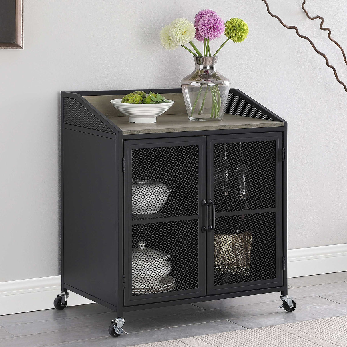 Arlette Wine Cabinet with Wire Mesh Doors Grey Wash and Sandy Black | Coaster | Home Elegance USA