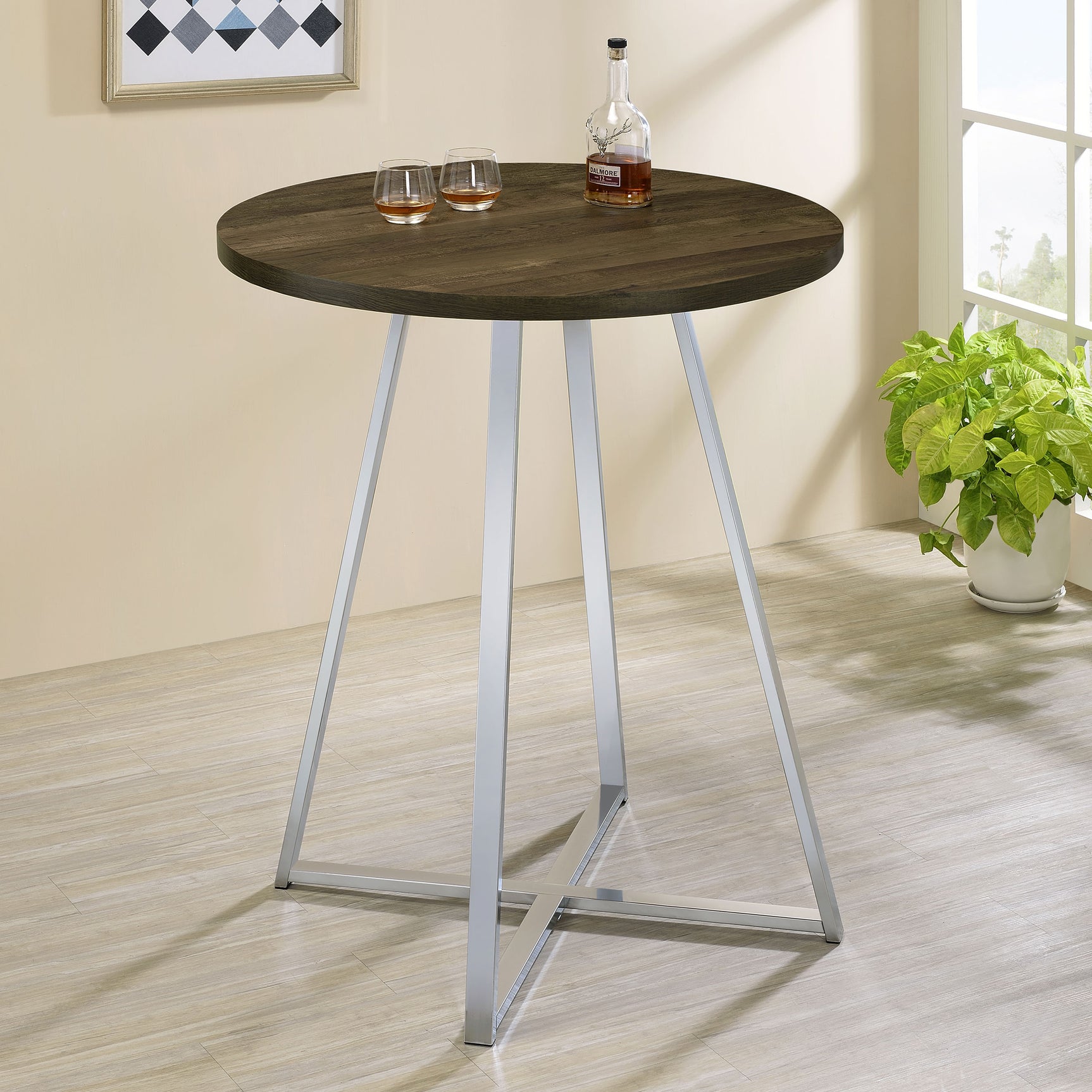 Bar Table - Burkhart Sled Base Round Bar Table Brown Oak and Chrome