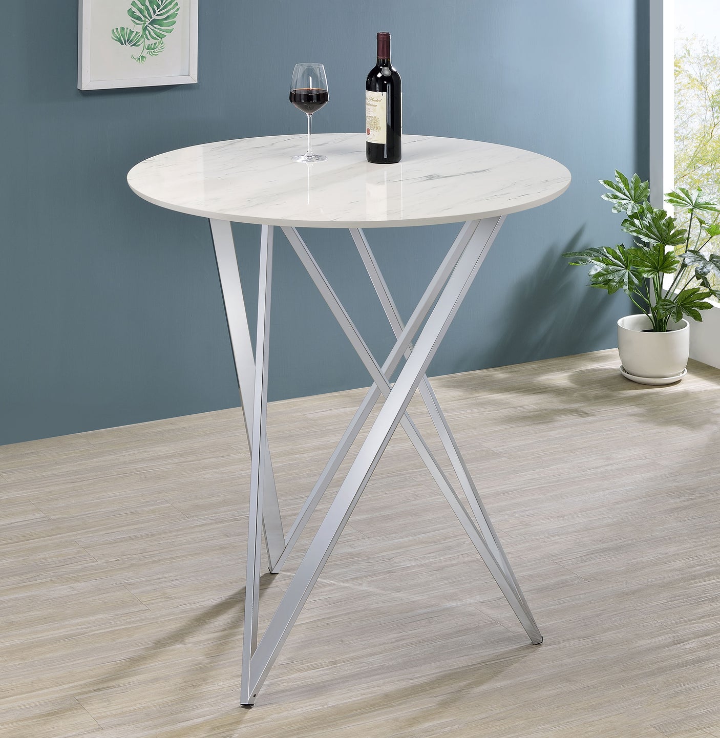 Bar Table - Bexter Faux Marble Round Top Bar Table White and Chrome