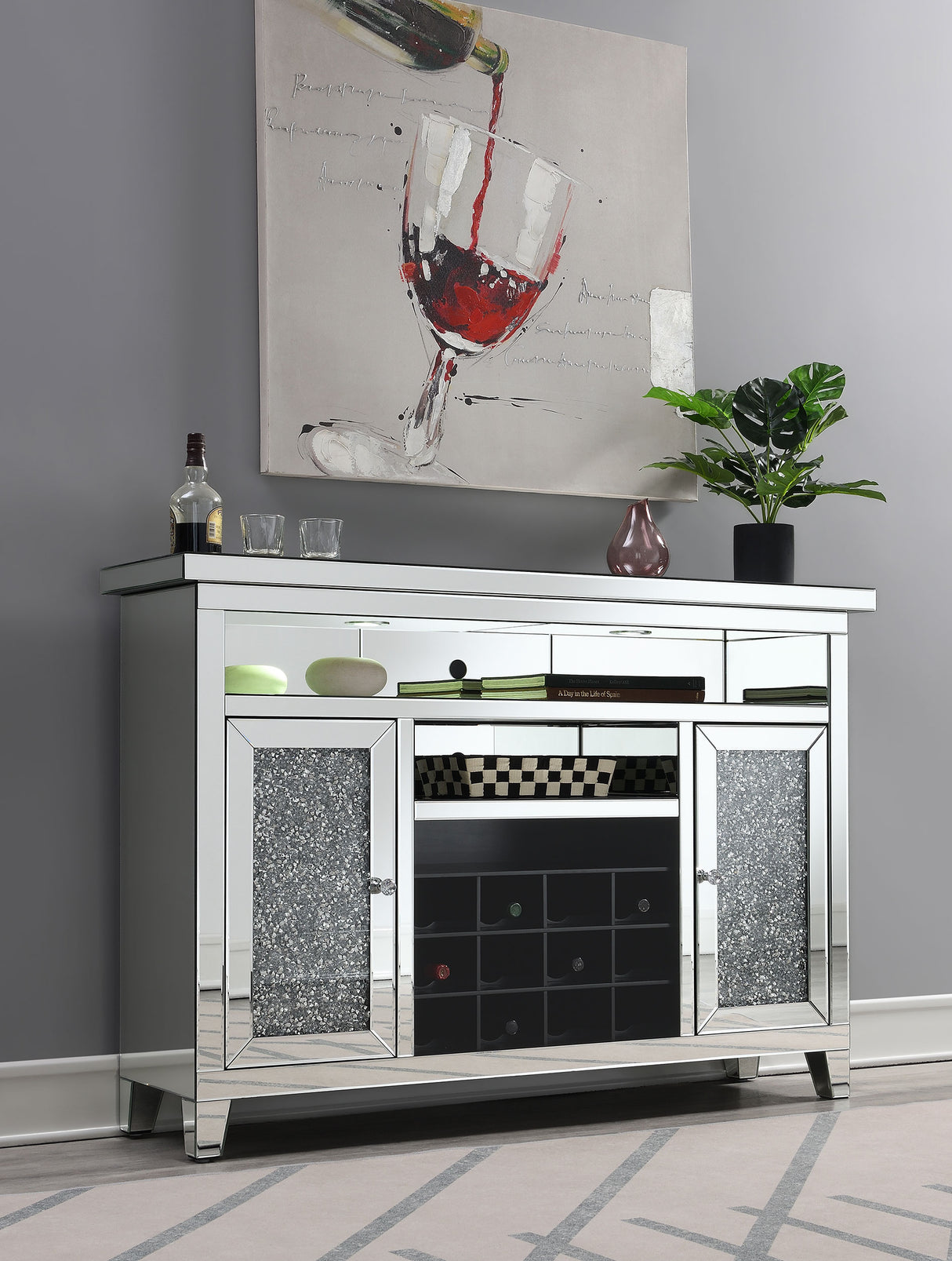 Bar Cabinet - Melinda 2-door Wine Cabinet with Lighting Mirror