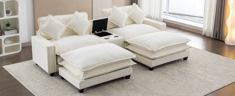 Chenille Upholstered Sectional Sofa with Removable Ottoman, USB Ports, Cup Holders, and Storage, Beige, 111' - sold by Home Elegance USA