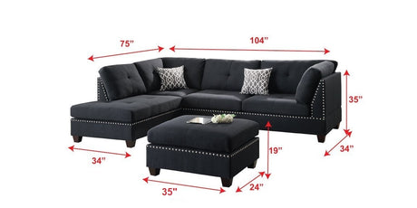 3-pcs Sectional Sofa Black Polyfiber Cushion Sofa Chaise Ottoman Reversible Couch Pillows - sold by Home Elegance USA