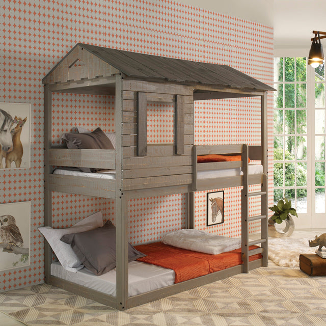 Rustic Grey Twin Over Twin Bunk Bed with Built-in Ladder - sold by Home Elegance USA
