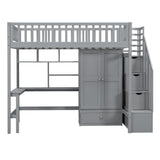 Twin size Loft Bed with Bookshelf,Drawers,Desk,and Wardrobe-Gray - Home Elegance USA