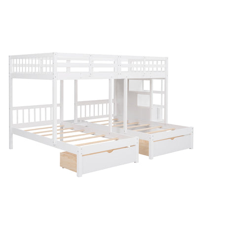 Full Over Twin & Twin Bunk Bed, Wood Triple Bunk Bed with Drawers and Guardrails,White (OLC SKU:LT000443AAK-1) - sold by Home Elegance USA