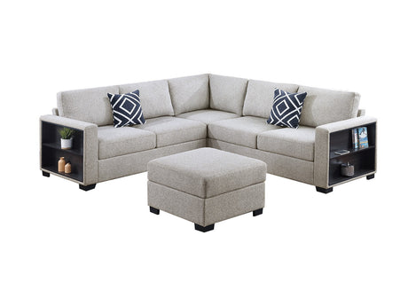 Contemporary Functional Sectional Sofa 4pc Set Beige Boucle Couch Loveseat w Built-in Shelfs Wedge, Ottoman Living Room Furniture L-Shaped Design Couch - sold by Home Elegance USA