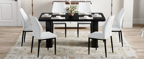 Table and chair set.64.5 x 35.4 Inch Stylish Black Wood Color Textured Dining Table.Paired with 6 Black - and - White PU Dining Chairs with Shell - pattern. Exudes A Strong Sense Of Fashion. - sold by Home Elegance USA