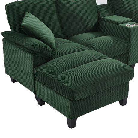 Modern Green U-shaped Sectional Sofa with Corduroy Upholstery, Hidden Storage Ottomans, USB Ports, and Cup Holders, 116.9' - sold by Home Elegance USA
