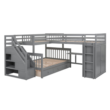 Twin-Twin over Full L-Shaped Bunk Bed With 3 Drawers, Portable Desk and Wardrobe, Gray(OLD SKU:LT100542AAE) - sold by Home Elegance USA