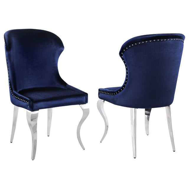 Side Chair - Cheyanne Upholstered Wingback Side Chair with Nailhead Trim Chrome and Ink Blue (Set of 2)