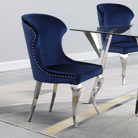 Side Chair - Cheyanne Upholstered Wingback Side Chair with Nailhead Trim Chrome and Ink Blue (Set of 2)