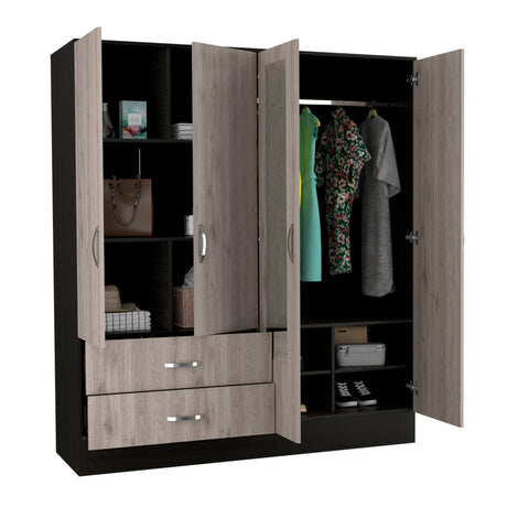 Gangi 160 Armoire, 4-door wardrobe , Two Mirrors, Metal Hardware, Two Drawers, Rod, Ten Shelves, Black Wengue / Light Gray -Bedroom - sold by Home Elegance USA