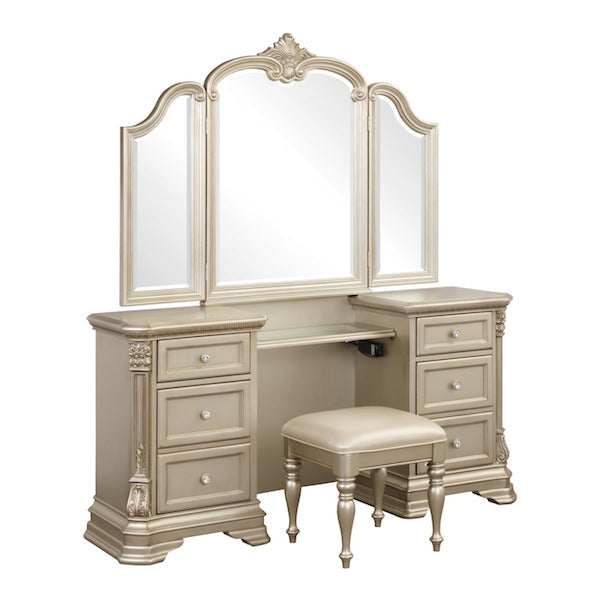 Beige vanity with mirror and stool on a white background
