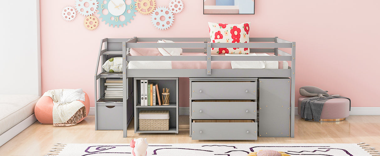 Full Size Loft Bed with Retractable Writing Desk and 3 Drawers, Wooden Loft Bed with Storage Stairs and Shelves, Gray - Home Elegance USA