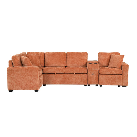 120.5' L-shaped Convertible Sofa Bed Modular Sectional Sofa Reversible Sleeper with Pull-Out Bed, Cup Holders, and Ample Storage Space for Living Room(Old SKU:N719S001940G), Orange - sold by Home Elegance USA