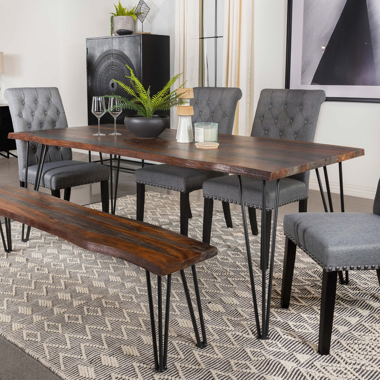 Dining Table - Neve Live-edge Dining Table with Hairpin Legs Sheesham Grey and Gunmetal